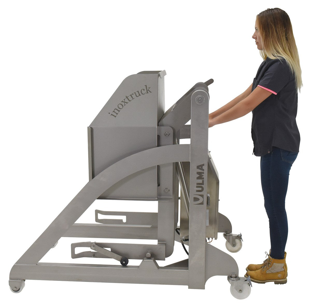 Vestil 304L Stainless Steel DC Powered Bin Dumper 12 Volt 660 Lb. Capacity Silver